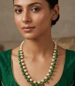 Green pearl & beaded gold tone filigree renaissance necklace for women
