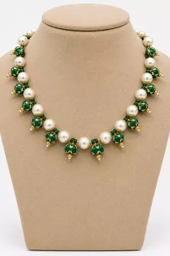 Green pearl & beaded gold tone filigree renaissance necklace for women