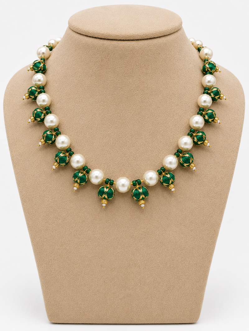Green pearl & beaded gold tone filigree renaissance necklace for women