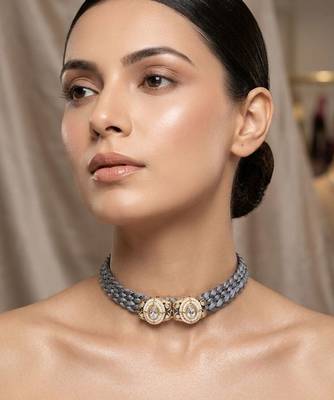 Grey pearl & crystal embellished jute choker necklace for women 1