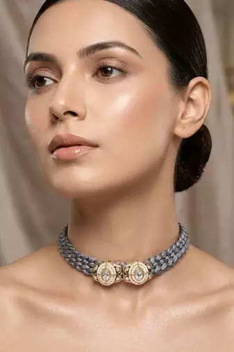 Grey pearl & crystal embellished jute choker necklace for women