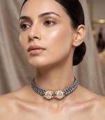 Grey pearl & crystal embellished jute choker necklace for women