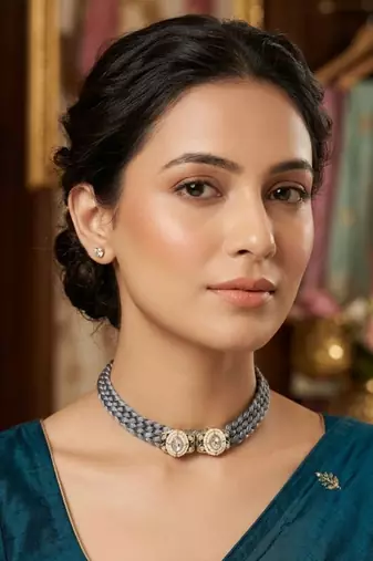 Grey pearl & crystal embellished jute choker necklace for women