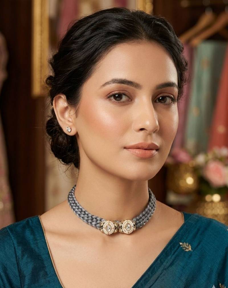 Grey pearl & crystal embellished jute choker necklace for women