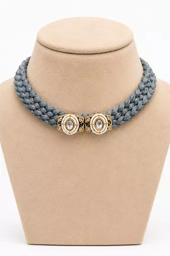Grey pearl & crystal embellished jute choker necklace for women