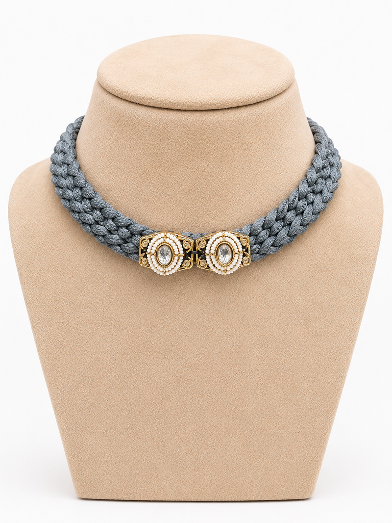 Grey pearl & crystal embellished jute choker necklace for women