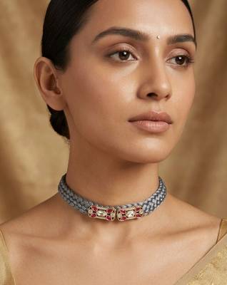 Grey ruby & diamond embellished silk cord choker necklace for women 1