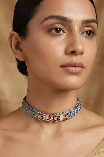 Grey ruby & diamond embellished silk cord choker necklace for women