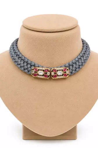 Grey ruby & diamond embellished silk cord choker necklace for women