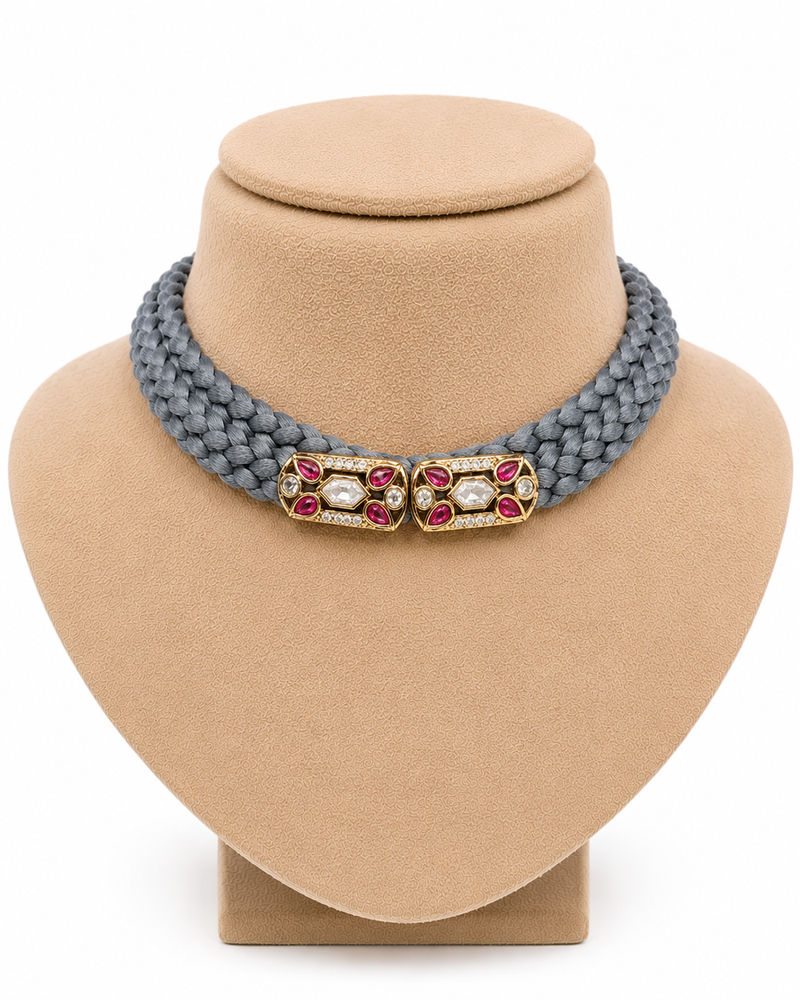 Grey ruby & diamond embellished silk cord choker necklace for women