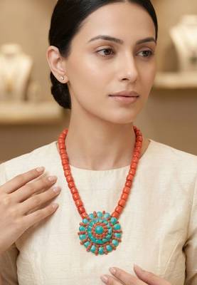 Orange turquoise stone boho carved pendant beaded necklace for women 1