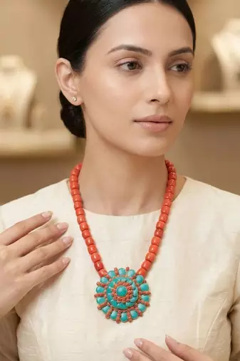 Orange turquoise stone boho carved pendant beaded necklace for women