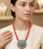 Orange turquoise stone boho carved pendant beaded necklace for women