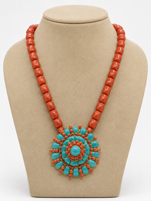 Orange turquoise stone boho carved pendant beaded necklace for women 2