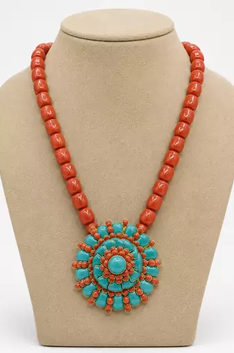 Orange turquoise stone boho carved pendant beaded necklace for women