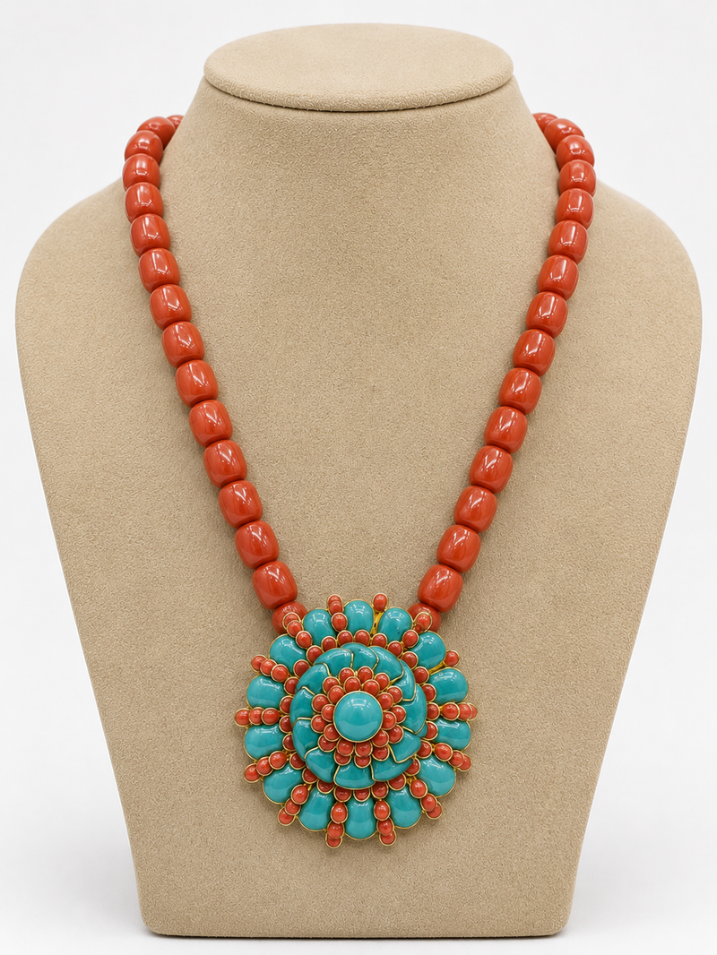 Orange turquoise stone boho carved pendant beaded necklace for women