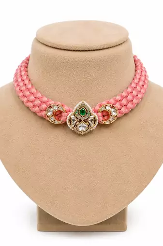 Pink emerald kundan & polki diamond rosy choker necklace for women