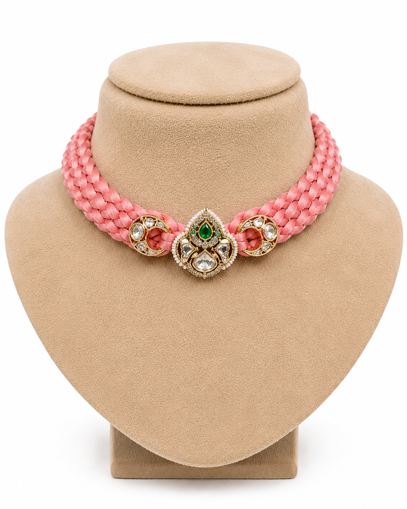 Pink emerald kundan & polki diamond rosy choker necklace for women
