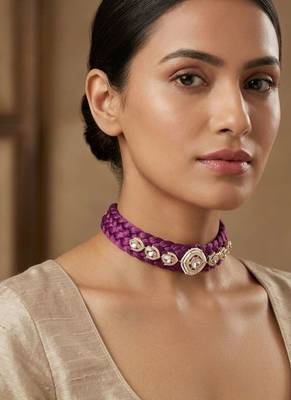 Purple kundan stone braided fabric cord choker necklace for women 1