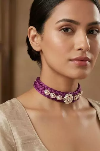 Purple kundan stone braided fabric cord choker necklace for women