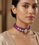 Purple kundan stone braided fabric cord choker necklace for women