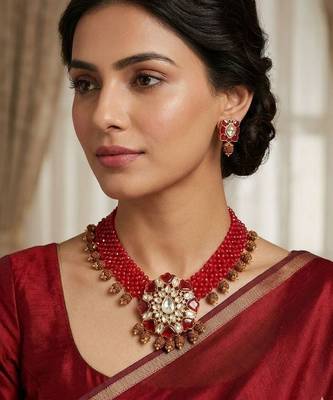Red crystal beaded kundan & rudraksha choker necklace set for women 1