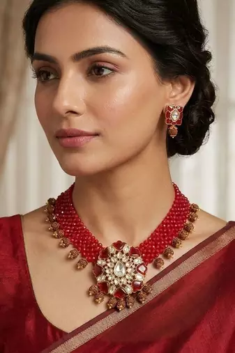 Red crystal beaded kundan & rudraksha choker necklace set for women