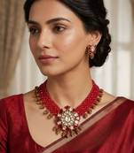 Red crystal beaded kundan & rudraksha choker necklace set for women