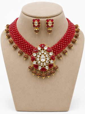 Red crystal beaded kundan & rudraksha choker necklace set for women 2