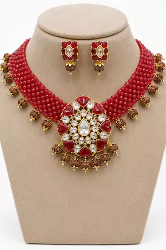 Red crystal beaded kundan & rudraksha choker necklace set for women