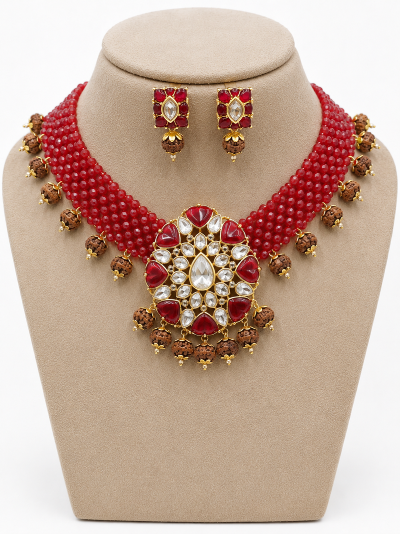 Red crystal beaded kundan & rudraksha choker necklace set for women