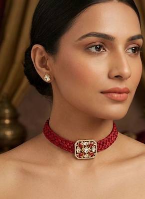 Red crystal beaded kundan gold plated choker necklace for women 1