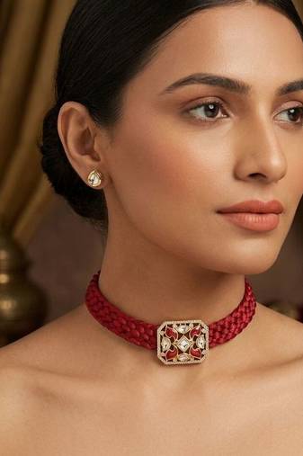 Red crystal beaded kundan gold plated choker necklace for women