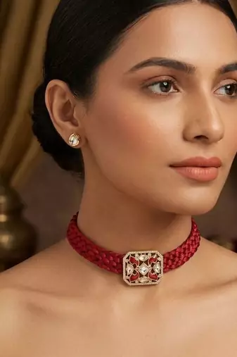 Red crystal beaded kundan gold plated choker necklace for women