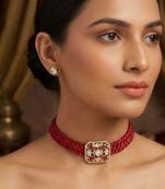 Red crystal beaded kundan gold plated choker necklace for women