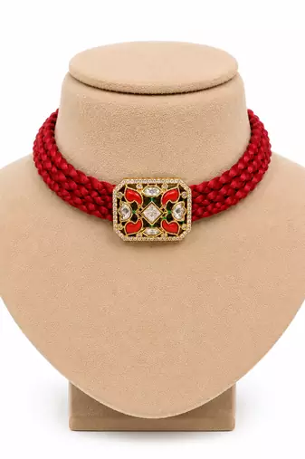 Red crystal beaded kundan gold plated choker necklace for women