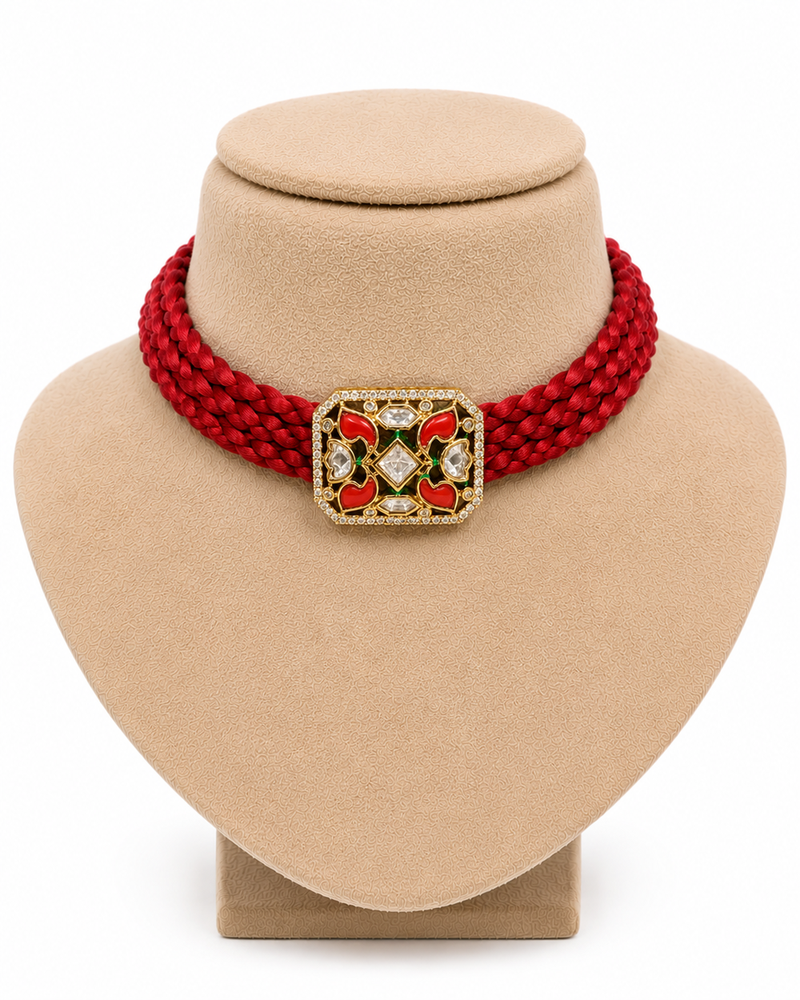 Red crystal beaded kundan gold plated choker necklace for women
