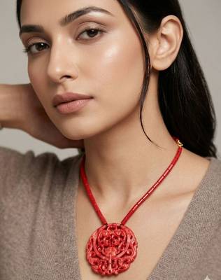 Red cinnabar dragon & phoenix carved pendant necklace for women 1