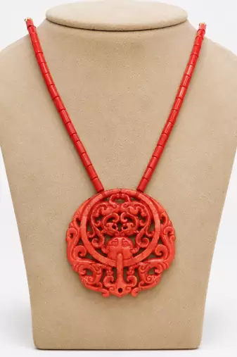 Red cinnabar dragon & phoenix carved pendant necklace for women