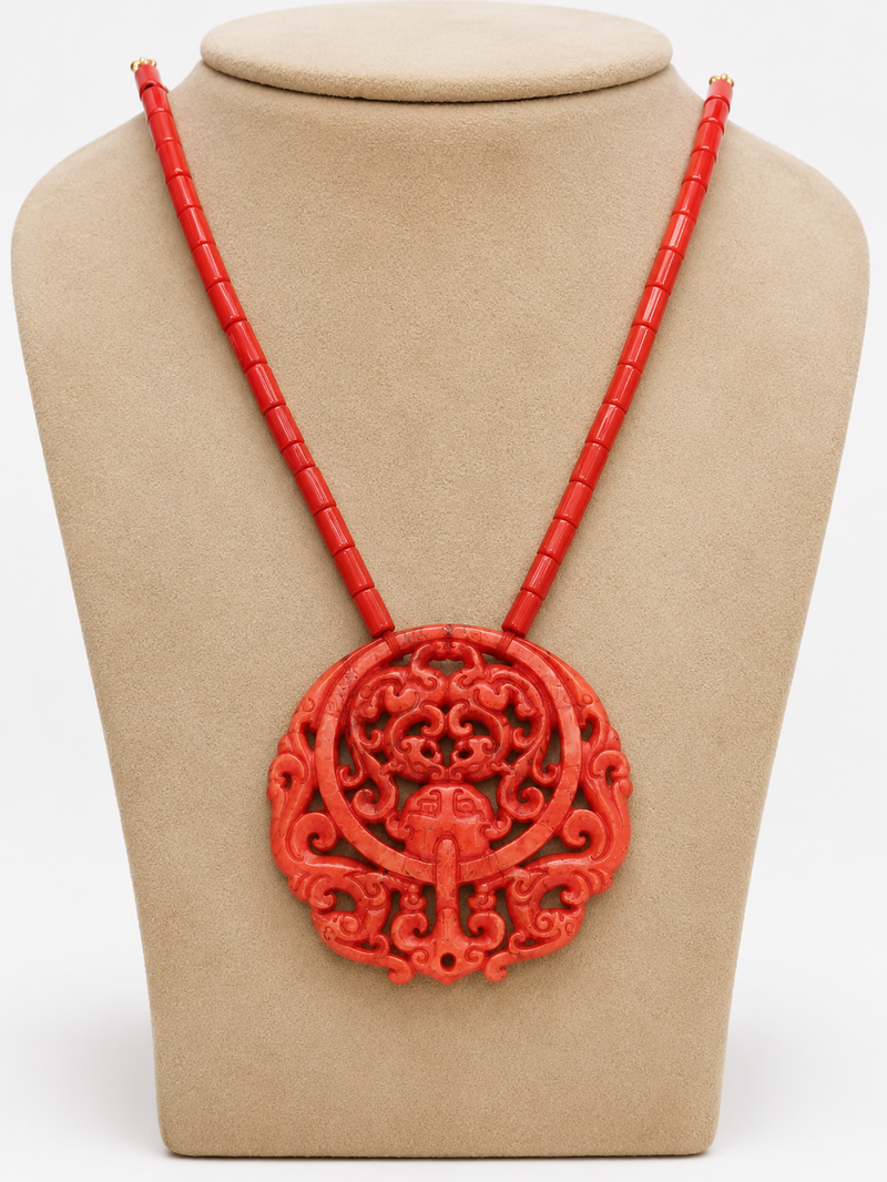 Red cinnabar dragon & phoenix carved pendant necklace for women