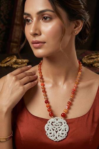 White carnelian beaded carved pendant long necklace for women