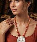 White carnelian beaded carved pendant long necklace for women