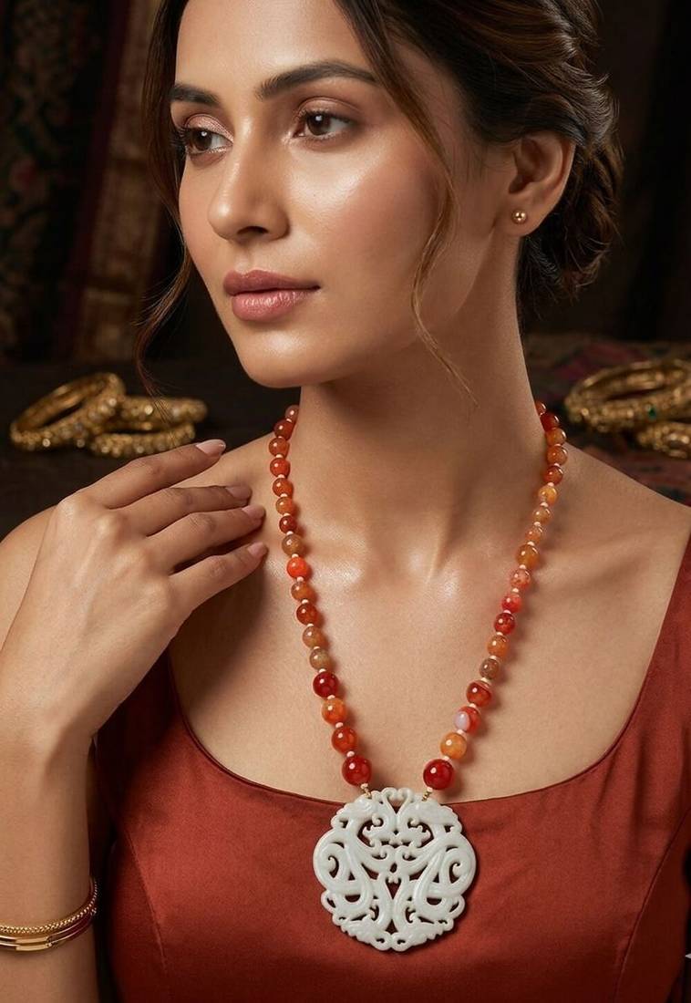 White carnelian beaded carved pendant long necklace for women