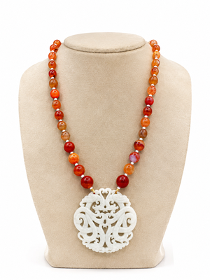 White carnelian beaded carved pendant long necklace for women 2