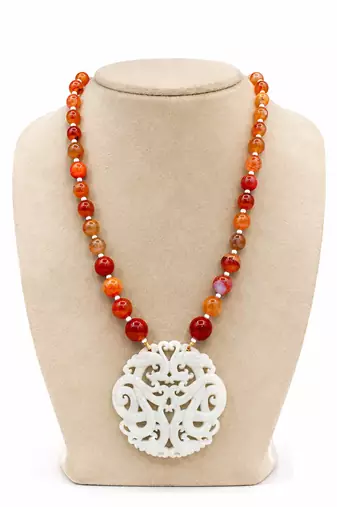 White carnelian beaded carved pendant long necklace for women