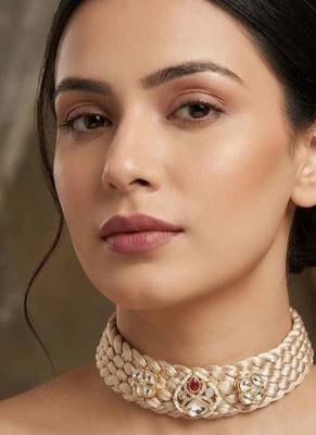 White kundan & ruby gold plated braided jute necklace for women 1