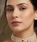 White kundan & ruby gold plated braided jute necklace for women