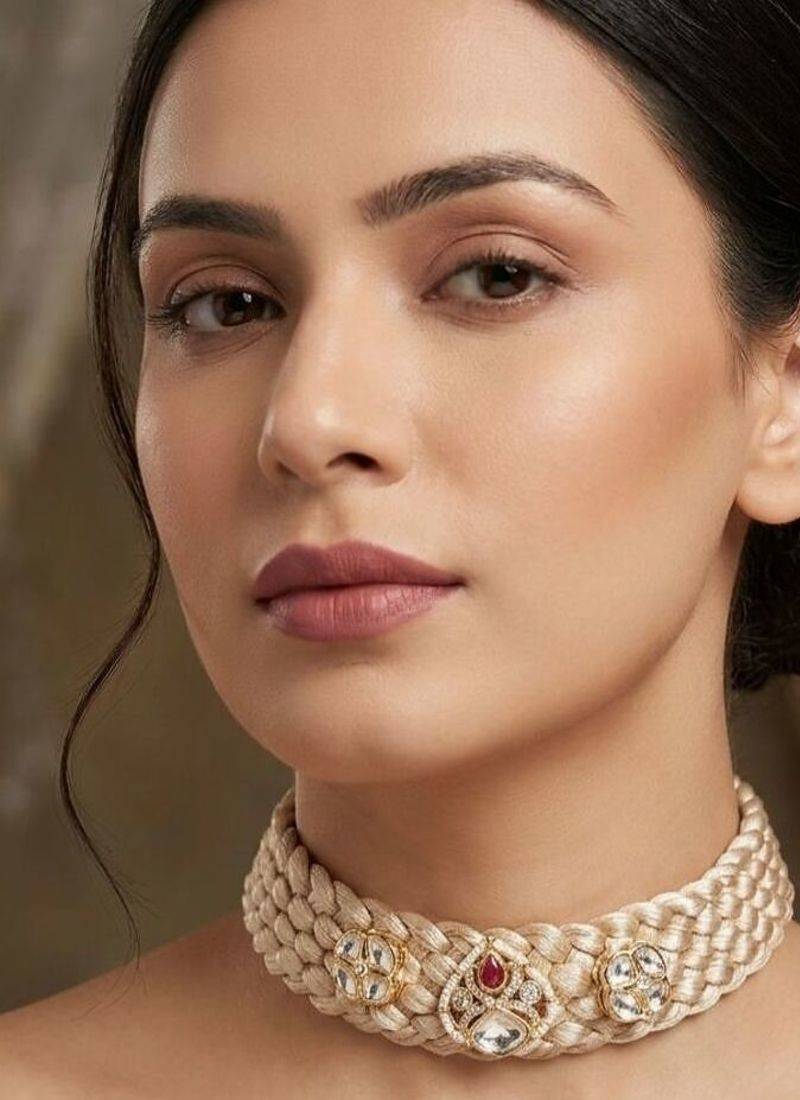 White kundan & ruby gold plated braided jute necklace for women