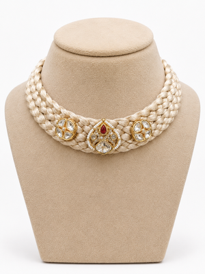 White kundan & ruby gold plated braided jute necklace for women 2