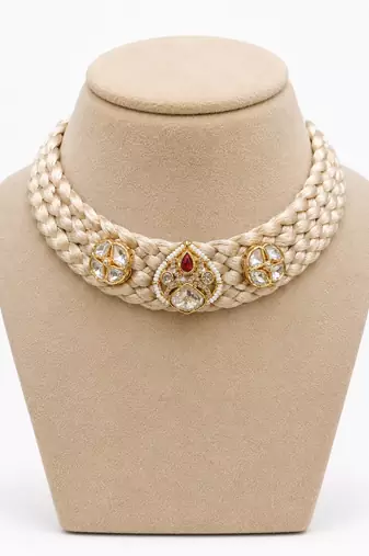 White kundan & ruby gold plated braided jute necklace for women